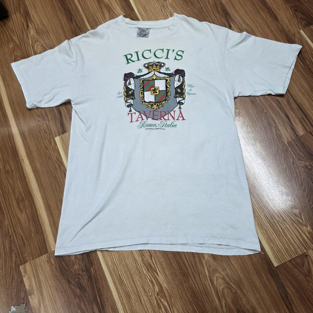 Vintage Ricci's Taverna Roma Italia Shirt Mens Large White Oneita 1996 90s